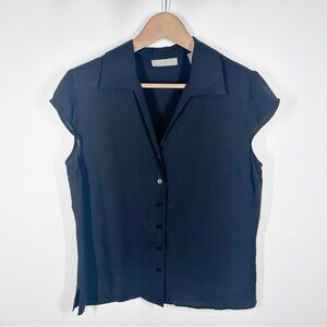 Kate Hill Black 100% Silk Cap Sleeve Button-Up Top Size 12 Blouse